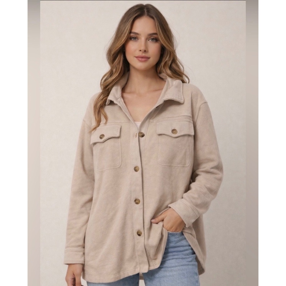 Aerie Tan Beige Terry Lumberjack Shacket Button Down Shirt Jacket XS